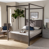 Baxton Studio MG0021-2-Gray/Green Gray-King Natasha Modern and Contemporary Grey Fabric Upholstered and Dark Grey Oak Finished Wood King Size Platform Canopy Bed